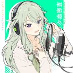  1girl dress green_background green_hair grey_dress headphones iwatnc jacket kusanagi_nene long_hair long_sleeves looking_at_viewer low_tied_sidelocks microphone open_mouth project_sekai sidelocks smile solo studio_microphone upper_body white_jacket 