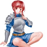  1girl arm_guards armor armored_dress belt belt_buckle blue_dress breastplate brown_belt buckle closed_mouth collared_dress dress finger_to_face hand_up highres minamoto80486 red_eyes redhead ringed_eyes short_hair shoulder_armor simple_background sitting smile solo white_background wizardry 