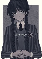  1girl absurdres addams_family animification arata_(user_jjxc7843) bags_under_eyes black_eyes black_hair black_nails black_necktie border braid bright_pupils collared_shirt copyright_name floral_background grey_background highres interlocked_fingers jacket long_hair necktie outside_border shirt solo striped striped_jacket twin_braids vertical-striped_jacket vertical_stripes vest wednesday_(netflix) wednesday_addams white_border white_pupils 