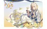 1boy androgynous bingzhen_yugao bishounen black_hair border candied_ginko_nut_(the_tale_of_food) chinese_clothes closed_mouth flower grey_eyes male_focus mole mole_under_eye multicolored_hair smile solo the_tale_of_food white_border white_hair yellow_flower 
