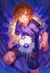  1boy bachira_meguru ball black_hair blonde_hair blue_background blue_lock blue_shirt blue_shorts blue_socks collared_shirt colored_inner_hair commentary highres kshima_mo369 leg_up looking_at_viewer male_focus multicolored_hair open_mouth shirt shorts sleeves_rolled_up soccer_ball soccer_uniform socks solo sportswear sweat yellow_eyes 
