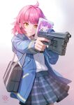  &gt;_&lt; 1girl 2023 ahoge aiming artist_logo bag blue_jacket blue_skirt blunt_bangs blunt_ends buttons collared_shirt commentary cowboy_shot dated drawing earphones earphones english_commentary finger_on_trigger gradient_background grey_background grey_bag gun h&amp;k_usp handgun highres hiroki_ree holding holding_notebook hood hood_down hooded_jacket hoodie jacket laser_sight long_sleeves looking_ahead love_live! notebook open_clothes open_jacket pink_hair plaid plaid_skirt pleated_skirt pocket rina-chan_board school_bag shirt shirt_tucked_in shoulder_bag single_stripe skirt solo striped tennouji_rina weapon white_background white_shirt white_stripes yellow_eyes 