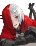  1girl black_gloves boots capelet elbow_gloves gloves grey_eyes grey_hair highres jewelry km_yama legs_up looking_at_viewer lying necklace on_stomach one_eye_covered open_mouth original red_capelet short_hair solo teeth the_pose thigh_boots white_background 