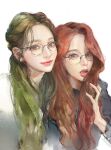  2girls aespa black_sweater bng_(bnnn9) brown_eyes brown_hair giselle_(aespa) hand_in_own_hair highres k-pop karina_(aespa) looking_at_viewer mole mole_under_mouth multiple_girls open_mouth portrait real_life realistic redhead round_eyewear shirt simple_background smile sweater white_background white_shirt 