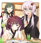  +_+ 3girls ^_^ absurdres ahoge alternate_costume arm_support black_suit blade blush border brown_hair closed_eyes collared_shirt commentary_request commission confused drink drinking_straw formal glasses green_hair grimace hair_ornament hairband hand_on_own_head headgear highres holding holding_pencil holding_tray homework index_finger_raised indoors japanese_clothes kimono konori_(ahurerukuiizi) leaning_forward leaning_on_table light_purple_hair long_hair looking_at_another multiple_girls nervous nervous_smile notebook open_mouth outside_border pencil pencil_case popped_collar raised_eyebrow red_eyes shirt short_hair short_hair_with_long_locks skeb_commission smile suit sweat sweatdrop table tasuki textbook touhoku_kiritan touhoku_zunko tray tutor twintails uneven_eyes v-shaped_eyebrows violet_eyes vocaloid voiceroid white_border white_kimono white_shirt wide_sleeves yellow_hairband yuzuki_yukari 