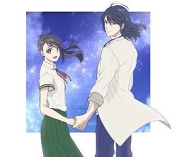  1boy 1girl artist_name blue_eyes blue_hair blue_pants border breasts brown_eyes brown_hair dated green_skirt hair_tie highres holding_hands iwato_suzume jacket jewelry long_hair long_skirt long_sleeves looking_at_viewer looking_back medium_breasts medium_hair milky_way mole mole_under_eye munakata_souta neck_ribbon night night_sky open_mouth pants pendant pleated_skirt ponytail red_ribbon ribbon shirt short_sleeves skirt sky sleeves_rolled_up smile standing star_(sky) suzume_no_tojimari takehide twitter_username white_border white_jacket white_shirt 