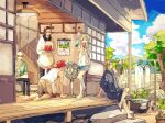  1girl 4boys all_fours apron architecture bald barefoot bindi black_hair blonde_hair blue_robe blue_shorts bombyxmori_ckr brown_pants calendar_(object) casual clothesline collared_shirt crossed_legs denim denim_shorts east_asian_architecture eating electric_fan elena_(ff7) final_fantasy final_fantasy_vii food frilled_apron frills fruit full_body goggles goggles_on_head green_shirt hand_fan highres holding holding_fan holding_food indoors japanese_clothes kneeling laundry light low_ponytail multiple_boys outdoors pants plant porch print_shirt redhead reno_(ff7) robe rude_(ff7) rufus_shinra sandals shirt short_hair short_hair_with_long_locks shorts sideburns sitting standing swept_bangs tank_top tree tseng watermelon watermelon_slice white_apron white_shirt 