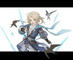 19181615 1boy absurdres ahoge androgynous armor bird blonde_hair chinese_clothes highres honkai:_star_rail honkai_(series) japanese_armor kote looking_at_viewer lower_teeth_only male_focus open_mouth ponytail short_sleeves teeth white_background wide_sleeves yanqing_(honkai:_star_rail) yellow_eyes