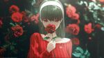  1girl black_hair earrings floral_background flower hair_ornament highres holding holding_flower jewelry long_hair looking_at_viewer red_eyes red_flower red_shirt shirt spy_x_family yor_briar 