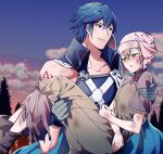  1boy 1girl ameno_(a_meno0) asymmetrical_clothes bare_arms blonde_hair blue_eyes blue_hair blush carrying chrom_(fire_emblem) fire_emblem fire_emblem_awakening freckles gloves grin hat muscular muscular_male outdoors princess_carry short_hair short_sleeves smile sunset tearing_up torn_clothes 