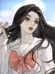  1girl absurdres black_eyes black_hair bow clouds floating_hair hand_in_own_hair head_tilt highres long_hair looking_up original parted_lips pink_bow shirt sky solo upper_body very_long_hair white_shirt yubbai 