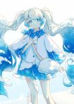  1girl absurdres bag blue_eyes blue_hair closed_mouth cloud_print clouds dress gradient_hair hatsune_miku highres long_sleeves multicolored_hair print_hair rainbow_hair_ornament rainbow_print raincoat simple_background snowflake_print solo twintails vocaloid white_background white_dress white_hair wide_sleeves yohki yuki_miku 