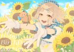  1girl absurdres arata_(user_jjxc7843) beret blue_choker blue_hair blue_headwear choker clouds cloudy_sky dated dress flower gloves gonzalez_(machita_chima) hamster happy_birthday hat highres holding holding_flower light_brown_hair machita_chima multicolored_hair nijisanji open_mouth petals plaid_sailor_collar puffy_short_sleeves puffy_sleeves sailor_collar short_bangs short_eyebrows short_hair short_sleeves sky sunflower thick_eyebrows white_dress white_gloves yellow_eyes 