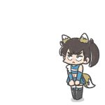  1girl :&lt; alternate_costume black_footwear black_hair black_thighhighs blue_skirt boots crop_top detached_sleeves ferret-san frown hokkaido_nippon-ham_fighters kaga_(kancolle) kantai_collection negative_space pleated_skirt side_ponytail skirt solo thick_eyebrows thigh-highs thigh_boots x_navel 