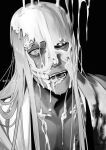  1boy ajuji_aju artist_name black_background black_sclera bleach blood blood_on_clothes colored_sclera greyscale haori highres hirako_shinji hollow_(bleach) japanese_clothes long_hair looking_at_viewer mismatched_pupils mismatched_sclera monochrome open_clothes open_mouth scared simple_background solo taichou_haori teeth transformation twitter_username wide-eyed 