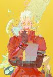  1boy absurdres bag black_cat blonde_hair book cat coat doughnut food highres kuroneko_(trigun) open_mouth paper_bag phone red_coat sandwiched summerweeeeeeen sunglasses teeth trigun trigun_maximum upper_teeth_only vash_the_stampede wanted 