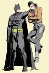  2boys artist_name batman batman_(series) belt black_cape black_gloves black_hair black_pants black_shirt bodysuit boots brown_background brown_jacket bruce_wayne cape covered_abs crossed_arms dc_comics domino_mask evinist father_and_son gloves grey_bodysuit highres holding jacket jason_todd large_pectorals male_focus mask multicolored_hair multiple_boys muscular muscular_male open_clothes open_jacket pants pectorals red_hood_(dc) shirt short_hair simple_background two-tone_hair white_hair yellow_belt 