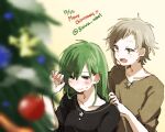  1boy 1girl :| black_shirt blurry blush brown_eyes brown_shirt christmas christmas_ornaments christmas_tree closed_mouth collarbone colored_text commentary_request cross-laced_clothes cross-laced_slit dated depth_of_field diagonal_bangs english_text green_hair hair_between_eyes holding_another&#039;s_hair kagerou_project kano_shuuya kido_tsubomi light_brown_hair long_bangs long_hair looking_at_another looking_away looking_to_the_side lowres merry_christmas mokemoke_chan notched_neckline open_mouth partial_commentary shirt short_hair short_sleeves straight_hair twitter_username upper_body violet_eyes 