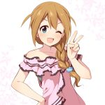  1girl aqua_eyes baba_konomi braid brown_hair collarbone commentary_request dot_nose flat_chest floral_background hair_between_eyes hand_on_own_hip hands_up idolmaster idolmaster_million_live! light_blush long_hair looking_at_viewer one_eye_closed open_mouth pink_shirt shirt short_sleeves side_ahoge side_braid sidelocks smile solo strapless strapless_shirt uccow upper_body v v-shaped_eyebrows white_background 