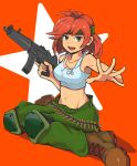  1girl advance_wars cubechicken15 green_hairband hairband highres holding holding_weapon looking_at_viewer open_mouth redhead sami_(advance_wars) short_hair soldier solo star_(symbol) weapon 