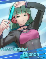  1girl blunt_bangs character_name choker dated english_text green_eyes green_hair happy_birthday headphones highres holding_popsicle light_green_hair phonon_(under_night_in-birth) short_hair solo under_night_in-birth under_night_in-birth_exe:late[st] yusuke_nakahara 