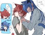  2girls :3 animal_ears arknights blue_eyes blue_hair blush cat_ears cat_girl cat_tail closed_eyes closed_mouth commentary demon_horns earclip exusiai_(arknights) grey_shirt hair_between_eyes hands_on_another&#039;s_cheeks hands_on_another&#039;s_face highres horns kemonomimi_mode long_hair mostima_(arknights) multiple_girls na_tarapisu153 parted_lips red_eyes redhead shirt short_hair short_sleeves sidelocks smug tail translation_request white_shirt yuri 