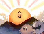  blush_stickers closed_eyes clouds colored_skin creature dark_meta_knight dark_mind grey_skin kirby_(series) kirby_and_the_amazing_mirror mask mountain no_humans one-eyed scar shadow_kirby shiburingaru solid_oval_eyes sunrise 