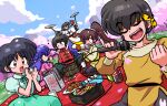  3boys 3girls blush brown_hair chinese_clothes closed_eyes food glasses hibiki_ryouga mousse_(ranma_1/2) multiple_boys multiple_girls music onigiri open_mouth outdoors purple_hair ranma_1/2 saotome_ranma shampoo_(ranma_1/2) short_hair singing tendou_akane tree wanta_(futoshi) 