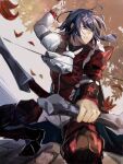  1boy alcryst_(fire_emblem) armor ascot blue_hair bow_(weapon) fire_emblem fire_emblem_engage hair_ornament hairclip highres holding holding_bow_(weapon) holding_weapon kanikun03 long_sleeves looking_to_the_side red_eyes shirt short_hair solo vest weapon white_ascot white_shirt 
