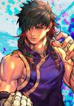  1boy bare_shoulders black_hair bosch_(street_fighter) braid clenched_hand fighting_stance hair_over_one_eye hankuri male_focus muscular muscular_male paint_splatter redhead solo street_fighter street_fighter_6 twin_braids upper_body 