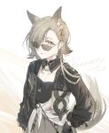  1girl animal_ears arknights brown_hair brown_skirt collarbone cropped_jacket detached_collar hair_over_one_eye highres jewelry looking_at_viewer medium_hair moleculesound necklace penance_(arknights) simple_background skirt solo sunglasses tail white_background wolf_ears wolf_tail 