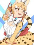  1girl animal_ears belt bow bowtie brown_eyes brown_hair cat_ears cat_girl cat_tail extra_ears highres kemono_friends kemono_friends_v_project large-spotted_genet_(kemono_friends) long_hair looking_at_viewer open_mouth ribbon shirt simple_background skirt solo tail virtual_youtuber y0whqzz8bkslezl 