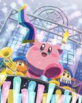  blue_headwear blush_stickers colored_skin concert from_below glowstick highres holding_glowstick instrument keyboard_(instrument) kirby kirby_(series) kirby_30th_anniversary_music_festival miclot no_humans open_mouth pink_skin smile solid_oval_eyes stage stage_lights star_(symbol) trumpet waddle_dee 