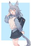  1girl animal_ear_fluff animal_ears bag black_skirt blue_shirt cat_ears cat_girl cat_tail fang grey_hair long_sleeves looking_at_viewer medium_hair open_mouth orange_eyes original peroncho pleated_skirt school_bag shirt skirt sweater_vest tail v-shaped_eyebrows 