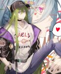  1boy 1girl black_jacket black_nails blue_hair bsq denim enkidu_(fate) fate/grand_order fate_(series) grey_hair hair_between_eyes hands_in_pockets hat heart highres hood hood_down hoodie jacket jewelry long_hair looking_at_viewer mother_and_son open_clothes open_jacket pink_eyes pointy_ears profile ring speech_bubble symbol-shaped_pupils tiamat_(fate) torn_clothes very_long_hair violet_eyes white_hoodie x-shaped_pupils x_x 