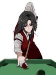  1boy arm_strap ball billiard_ball black_eyes black_hair black_necktie closed_mouth cue_stick expressionless highres jacob_l221 kimi_ga_shine long_hair long_sleeves looking_at_viewer necktie red_vest satou_kai shirt simple_background solo vest white_background white_shirt 