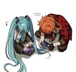  1boy 1girl aqua_necktie betti_(xx_betti) black_gloves black_pants black_sleeves cellphone character_request detached_sleeves ensemble_stars! fingerless_gloves gloves grey_shirt hatsune_miku headphones headset highres long_hair necktie pants phone playing_games project_sekai shinonome_akito shirt simple_background thigh-highs twintails very_long_hair vocaloid white_background 