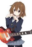  1girl black_jacket black_pantyhose blazer blush brown_eyes brown_hair buttons closed_mouth collared_shirt cowboy_shot electric_guitar grey_skirt guitar hair_between_eyes hair_ornament hairclip hirasawa_yui instrument ixy jacket k-on! long_sleeves pantyhose pleated_skirt sakuragaoka_high_school_uniform school_uniform shirt short_hair simple_background skirt solo white_background white_shirt 