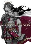  1boy armor black_hair cape constantine_xi_(fate) cowboy_shot cross earrings fate/grand_order fate_(series) full_armor gloves hair_between_eyes halo highres jewelry long_hair male_focus partially_colored profile purupuru_hanage simple_background solo white_armor white_background white_cape 