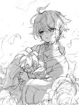  1boy aged_down ahoge akademiya_uniform alhaitham_(genshin_impact) facing_to_the_side flower genshin_impact greyscale highres holding holding_flower long_sleeves looking_to_the_side male_child male_focus monochrome sketch solo teaszlt 