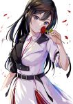  1girl belt black_hair breasts commentary flower grey_eyes hair_ornament hairclip highres holding holding_flower long_hair looking_at_viewer love_live! love_live!_nijigasaki_high_school_idol_club medium_breasts one_side_up petals red_flower red_rose rose rose_petals setsu_(qjsj1993aa) sidelocks signature smile solo swept_bangs upper_body white_background yuuki_setsuna_(love_live!) 