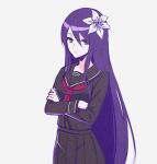  1girl black_serafuku breasts crossed_arms flower hair_flower hair_ornament hair_over_one_eye long_hair looking_at_viewer purple_hair school_uniform serafuku simple_background solo tb_(spr1110) tsukuyomi_(under_night_in-birth) under_night_in-birth white_background 