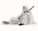  1girl absurdres between_legs boots dirty dirty_clothes dirty_face fingerless_gloves full_body fullmetal_alchemist gaiters gloves greyscale gun hair_between_eyes hand_between_legs highres holding holding_gun holding_weapon hood hood_up long_sleeves monochrome ozaki_(tsukiko3) rifle riza_hawkeye sitting solo weapon white_background 