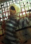  1boy closed_mouth cuffs handcuffs holding holding_handcuffs hood hood_up male_focus nezu_jouji prison_cell prison_clothes prison_school smile solo solo_focus tamago_oisine 