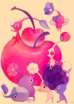  apple black_eyes blackberry_(fruit) blue_eyes cherry english_commentary flower food fruit glitchedpuppet leaf muted_color no_humans pikmin_(creature) pikmin_(series) pointy_ears red_eyes signature simple_background tan_background wings 