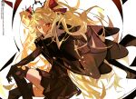  1girl absurdres black_dress black_gloves black_thighhighs blonde_hair cape dress eeju elbow_gloves ereshkigal_(fate) ereshkigal_alter_(fate) fate/grand_order fate_(series) gloves hair_ribbon highres long_hair looking_at_viewer parted_bangs red_eyes ribbon simple_background solo tan thigh-highs tiara two_side_up white_background zettai_ryouiki 