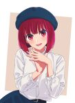  1girl absurdres arima_kana beret blue_headwear blush bob_cut collared_shirt hat highres inverted_bob looking_at_viewer open_mouth oshi_no_ko own_hands_together piroaki red_eyes redhead shirt short_hair simple_background solo white_shirt 