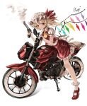  1girl absurdres ascot blonde_hair blush crystal flandre_scarlet frilled_skirt frills full_body gun hat highres holding holding_gun holding_weapon long_hair mob_cap motor_vehicle motorcycle one_side_up open_mouth ougiikun red_eyes red_footwear red_skirt red_vest revolver shoes short_sleeves simple_background skirt smile socks solo touhou vest weapon white_background white_headwear white_socks wings yellow_ascot 