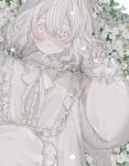  1girl blush bow bowtie colored_eyelashes dress driedflower flower frilled_dress frills highres long_sleeves original puffy_long_sleeves puffy_sleeves short_hair solo white_bow white_bowtie white_dress white_eyes white_flower white_hair white_theme 