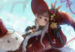  1girl alternate_costume brown_hair bucket capelet christmas fur-trimmed_capelet fur_trim hat highres looking_back nier_(series) nier_reincarnation pleated_skirt roselikestea saryu_(nier) scarf sitting skirt smile snow_on_headwear snowing snowman solo teeth thigh-highs violet_eyes witch witch_hat 